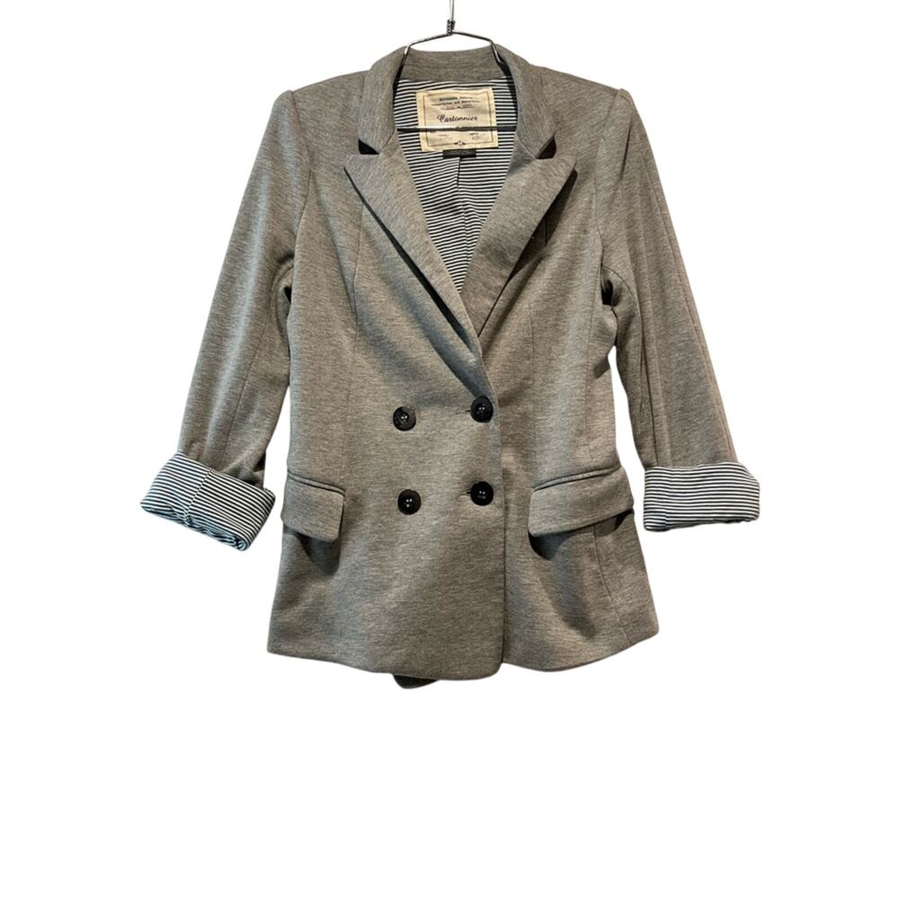 Cartonnier Gray Knit Blazer Double Breasted Stretch Jacket S Blue striped lining